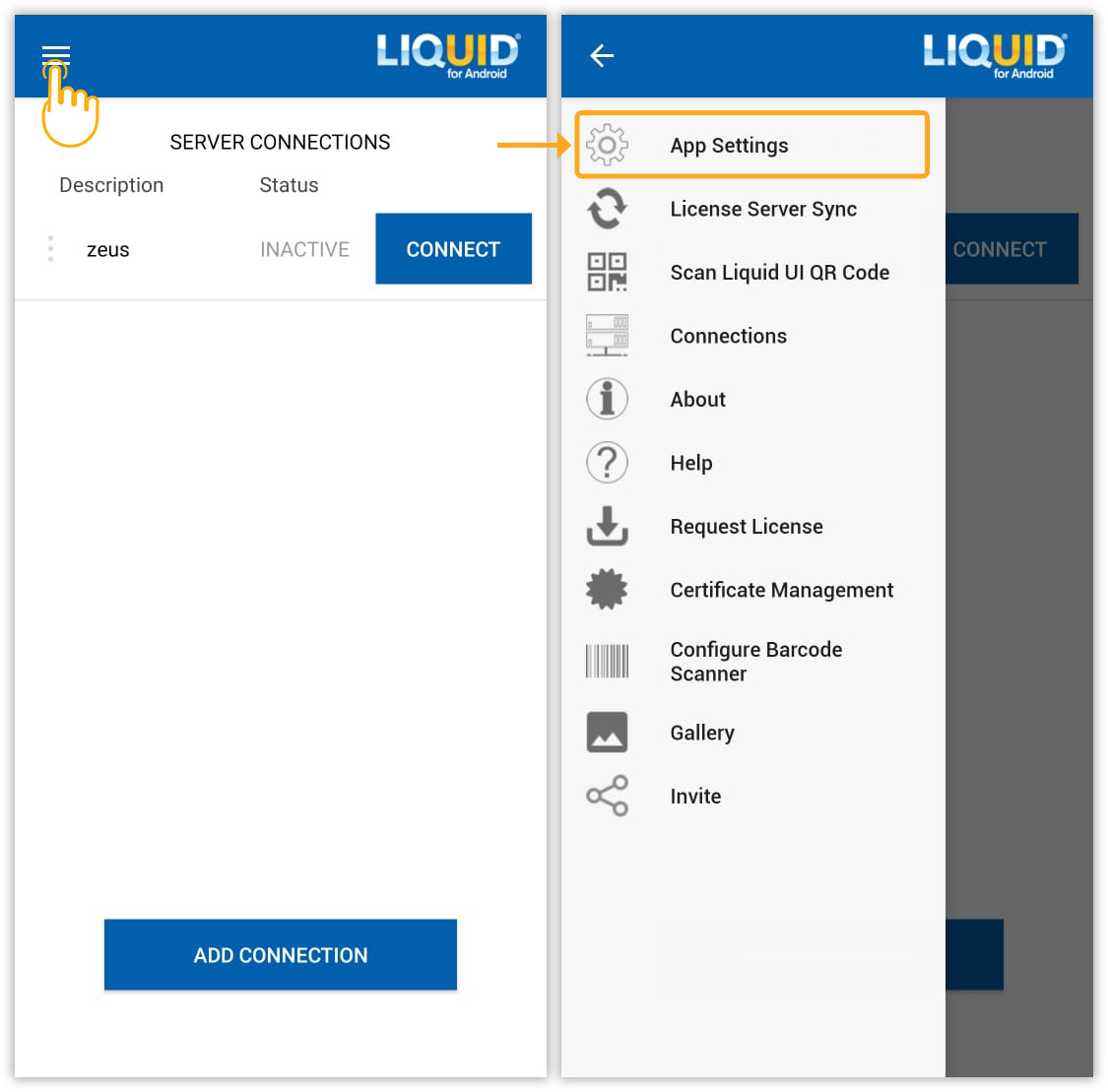 Open Liquid UI app, tap Main Menu, and go to App Settings