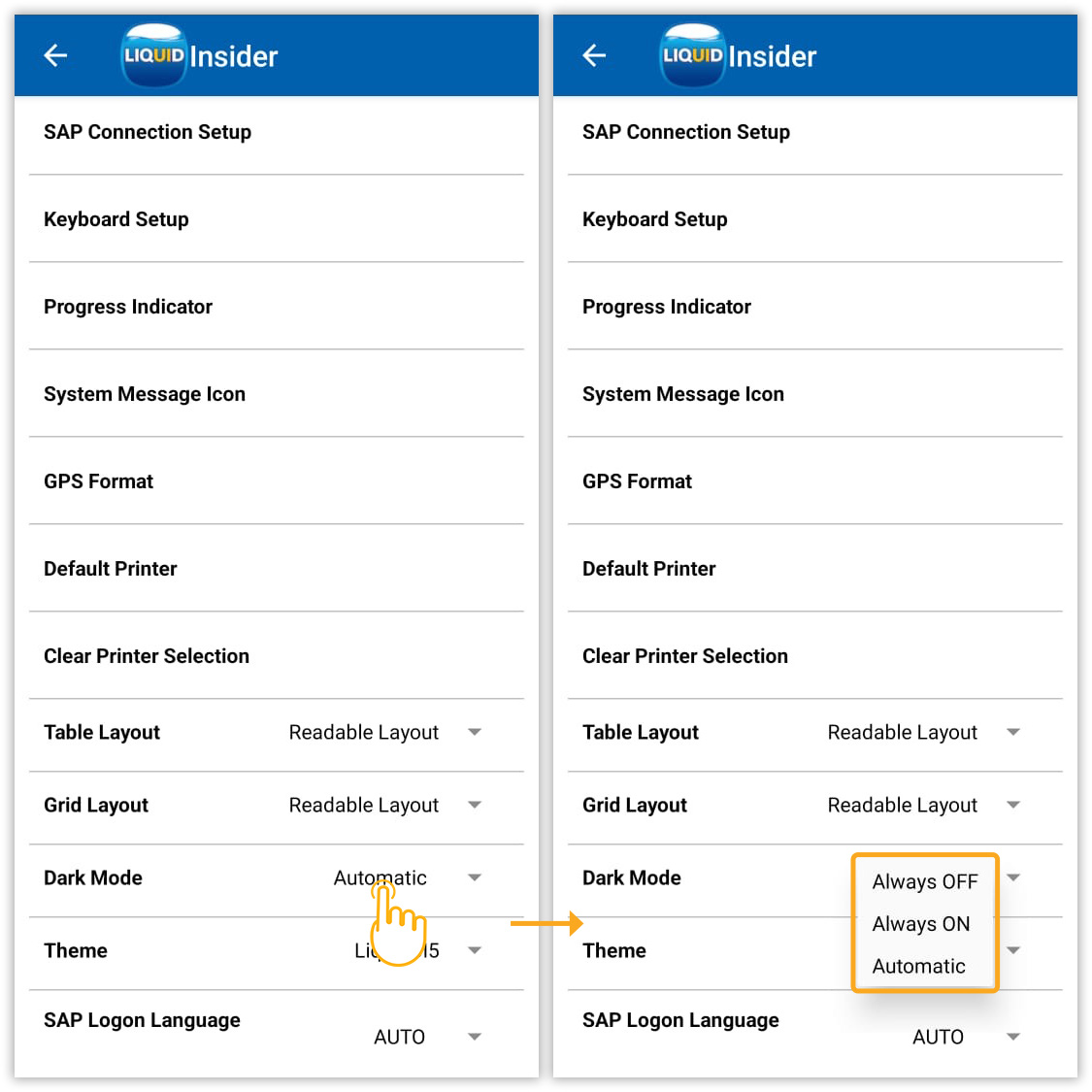 Adjust Dark Mode settings to OFF, ON, or Automatic for better visibility in low light