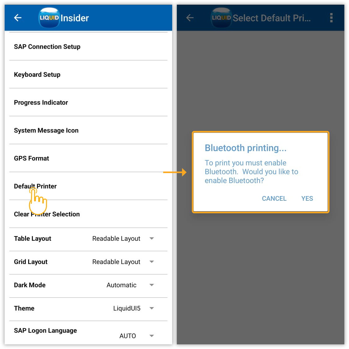 Enable Bluetooth printing to print SAP transaction pages from the Liquid UI app