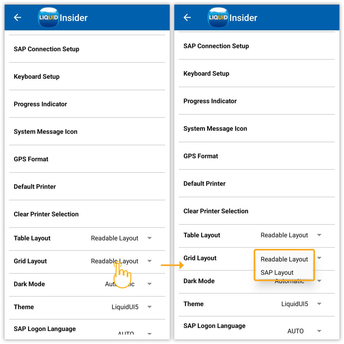 Customize grid appearance with SAP or Readable layout for column name display and cell width