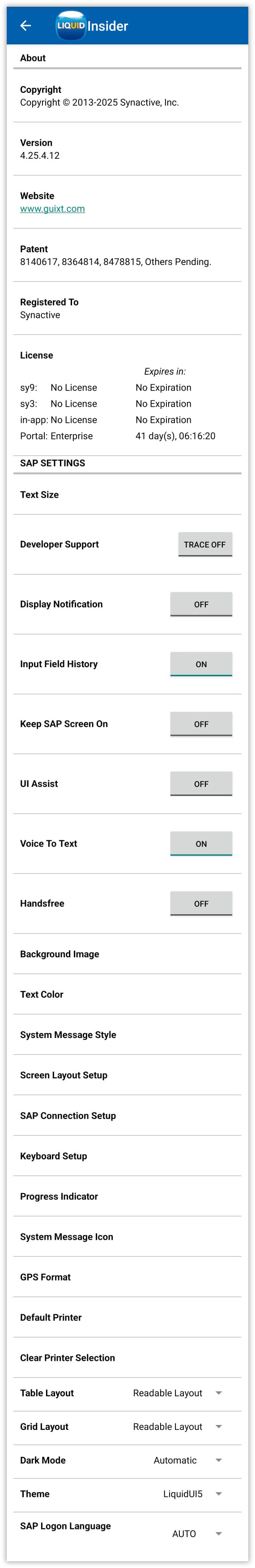 Insider screen displays app data and customization options