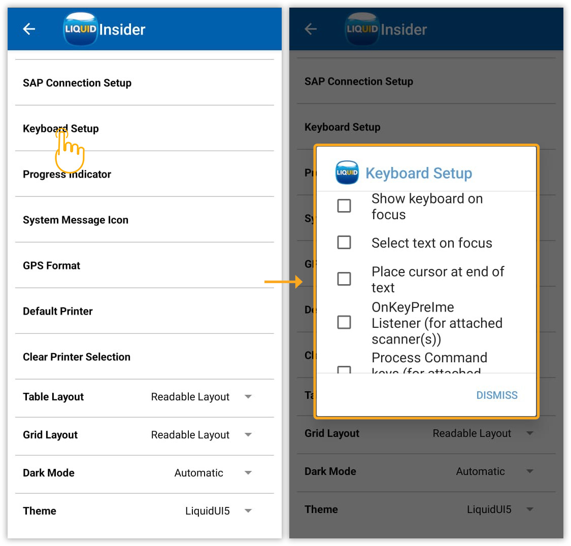 Configure keyboard behavior for input fields and scanner devices using Keyboard Setup options