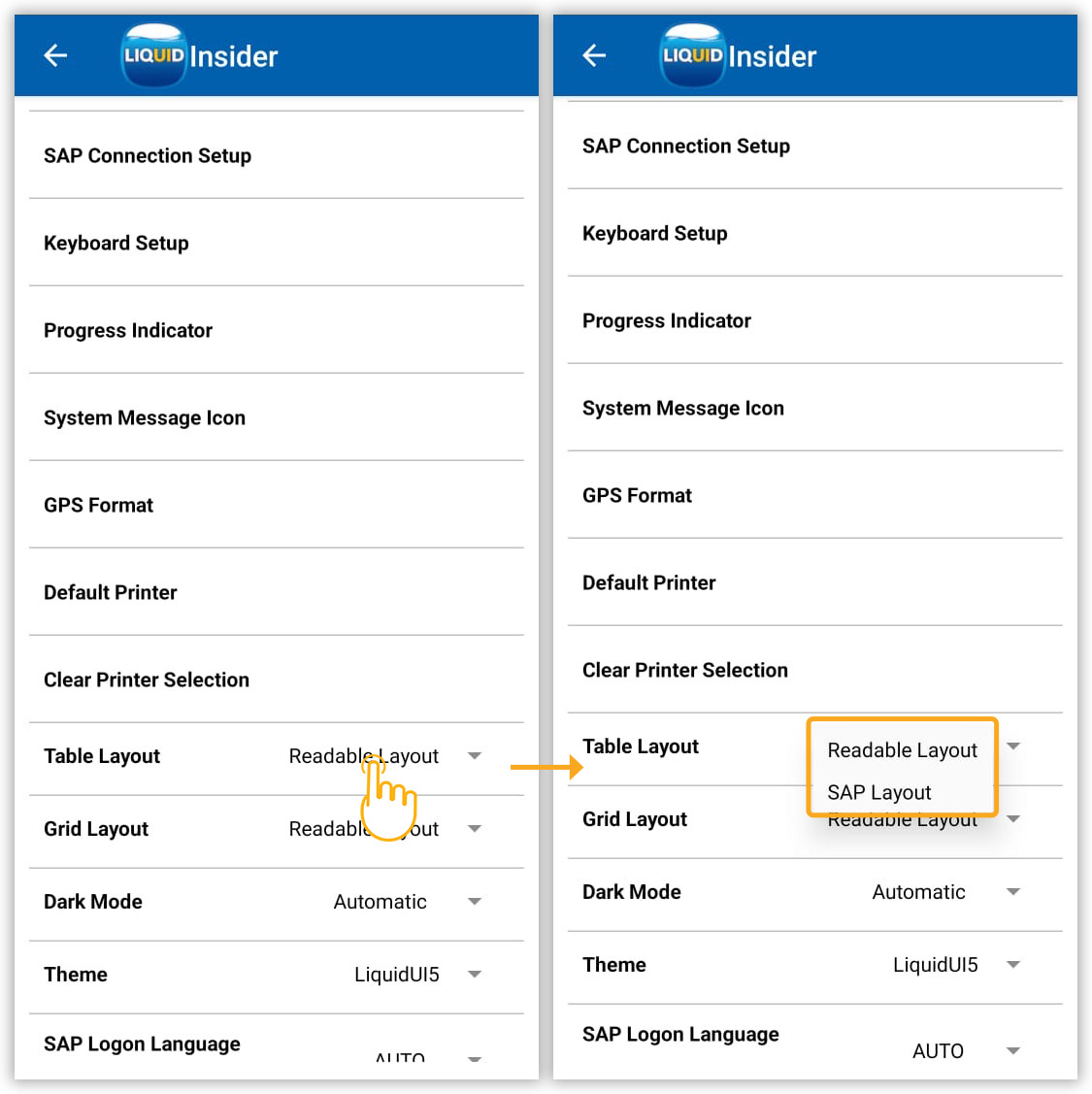 Customize SAP table view with SAP or Readable layout options for column display