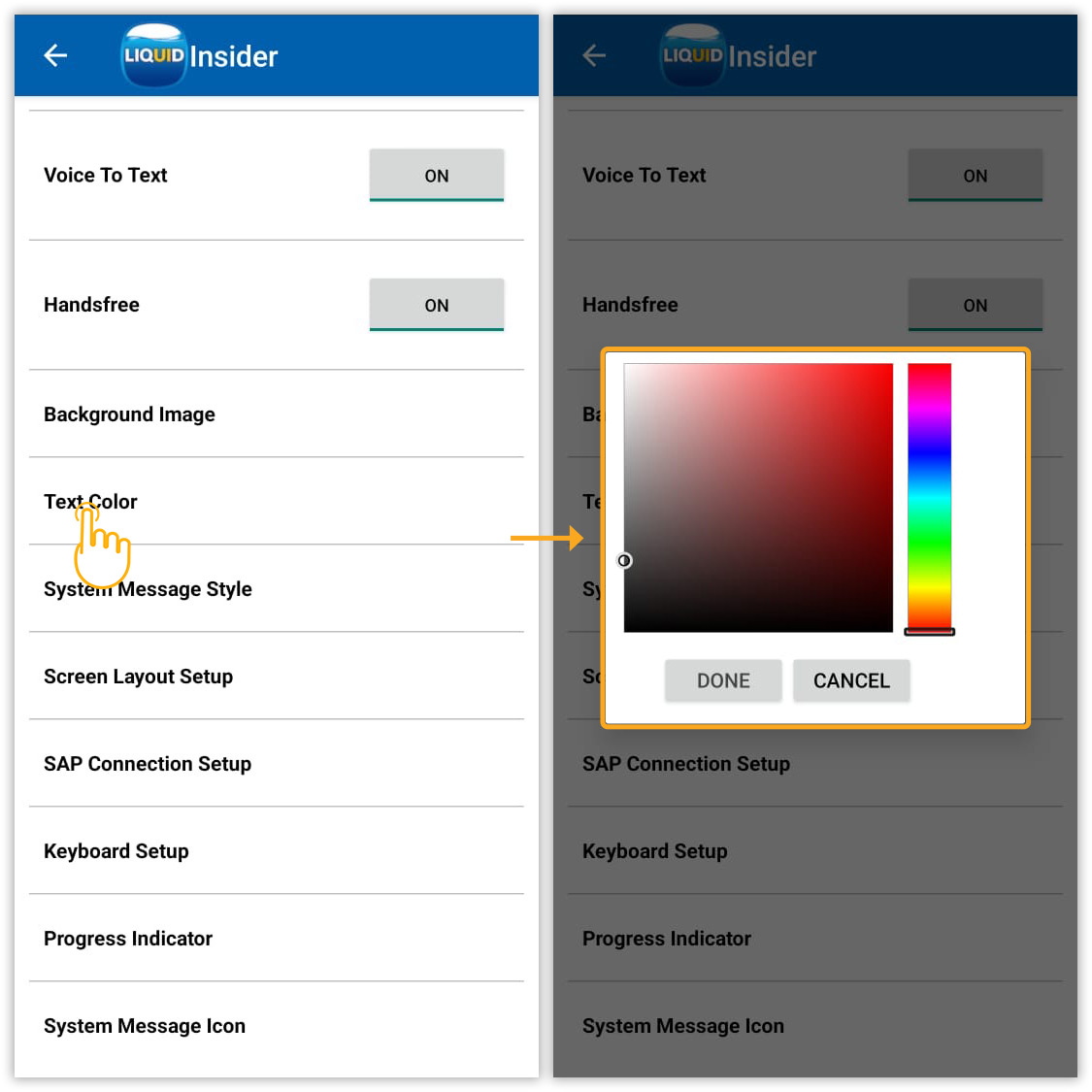Open color palette to change SAP text color and click DONE to apply