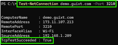 Successful TCP connection test to LUI Server on the same host machine