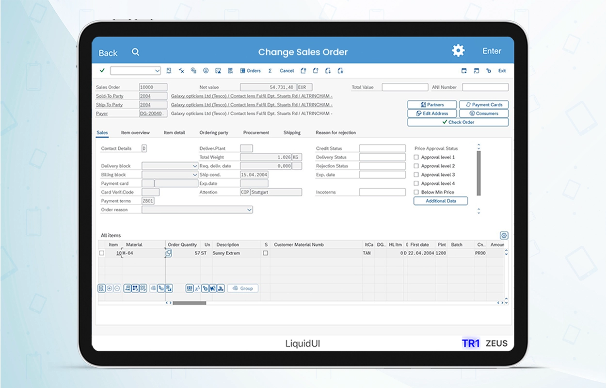 Simplified SAP Change Sales Order screen on tablet using Liquid UI