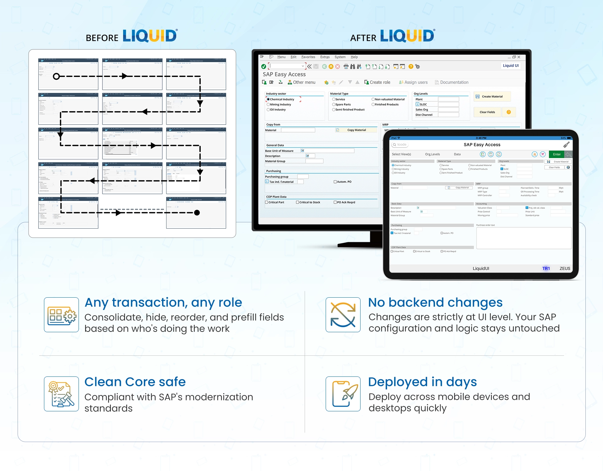 Liquid UI transforms multilple screens into one so your users only see what they need.