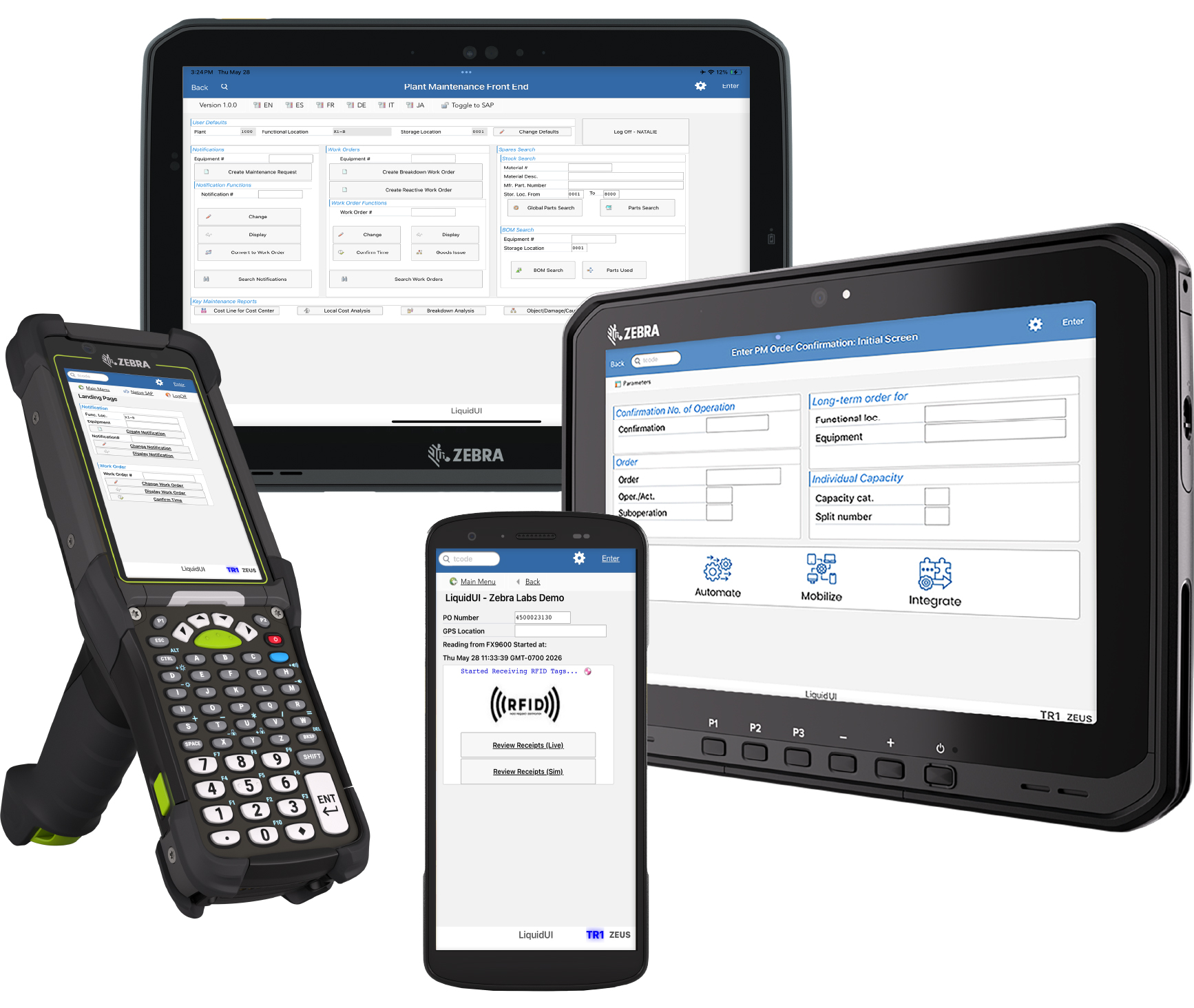 Liquid UI shown across multiple Zebra mobile devices
